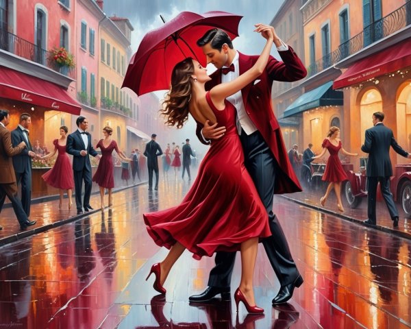 Couple Dancing Under Red Umbrella in Rainy Street Scene
