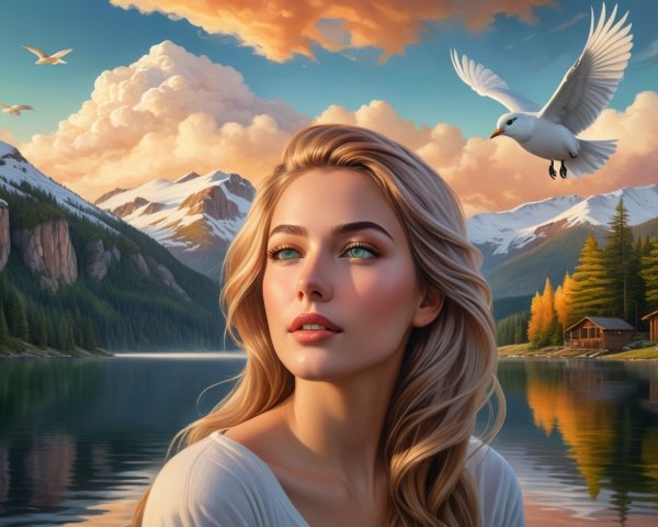 Serene landscape with a thoughtful young woman and nature