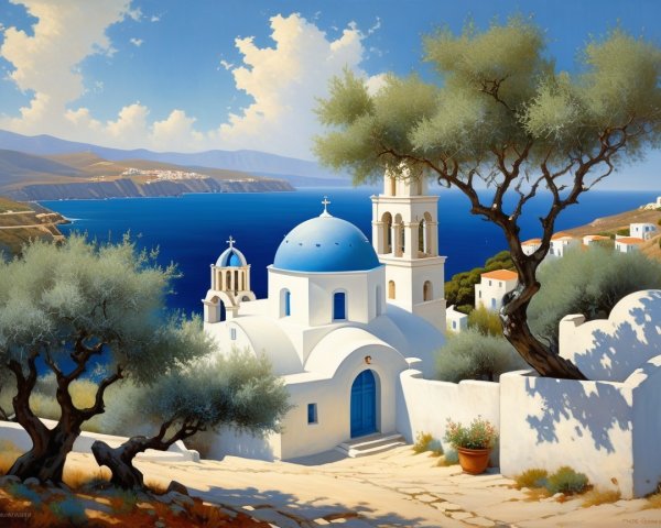 Serene Greek Landscape with White Church and Sea View