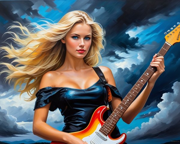 Portrait of a Young Woman with Electric Guitar and Dramatic Sky