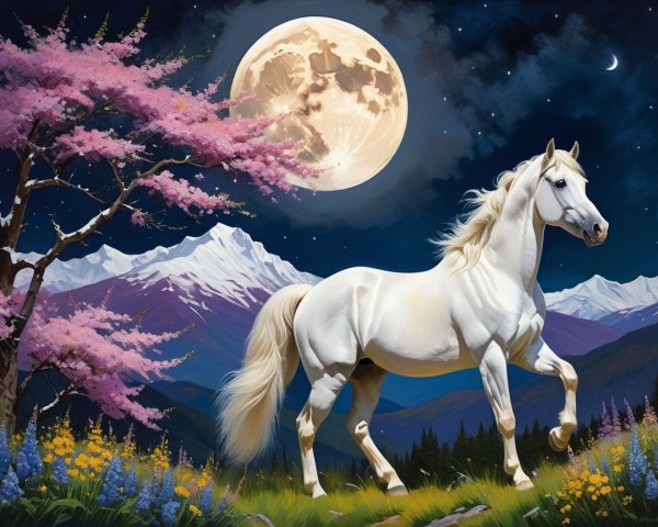 Majestic white horse in a vibrant cherry blossom landscape