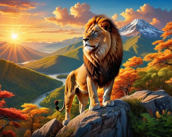 Lion on Rocky Outcrop Overlooking Autumn Landscape