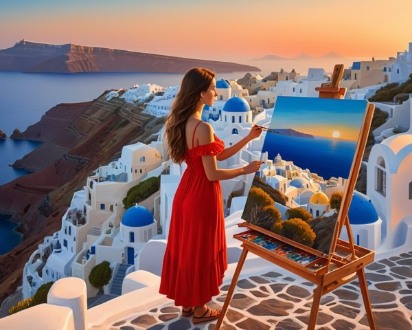 Woman in Red Dress Painting Santorini Sunset Scene