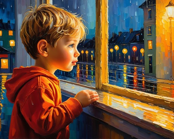 Young Boy Contemplating Rainy Evening at Window