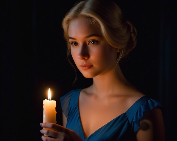 Young Woman in Blue Dress with Lit Candle