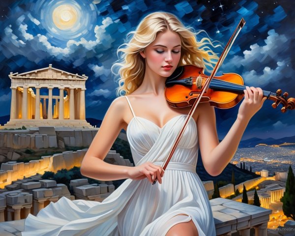 Woman in White Dress Playing Violin by Acropolis at Night