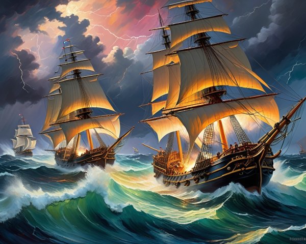 Tall Ships Battling Stormy Waves and Dark Skies