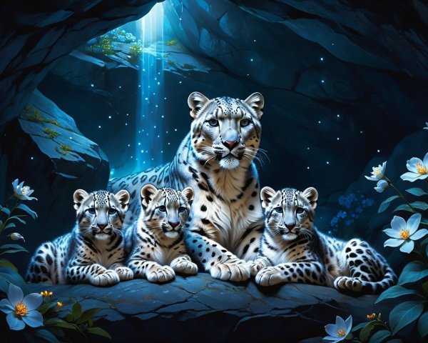 Snow leopard with cubs in a tranquil cave setting