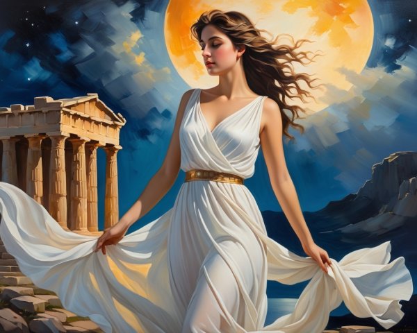 Serene Woman in White Dress Against Full Moon and Ruins