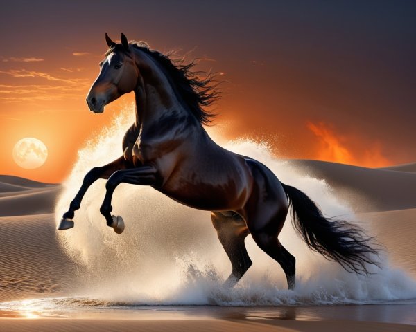 Majestic horse rearing in desert at sunset and moonrise