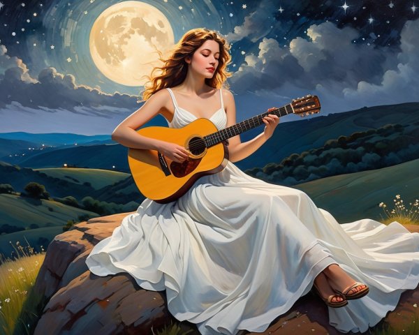 Young Woman Playing Guitar Under Full Moonlight