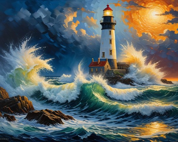 Dramatic Lighthouse on Rocky Cliffs with Turbulent Waves