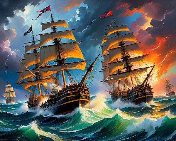 Dramatic Seascape with Ships in Naval Battle
