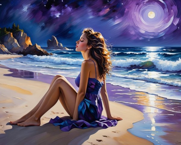 Serene Night Beach Scene with Moonlit Ocean Waves