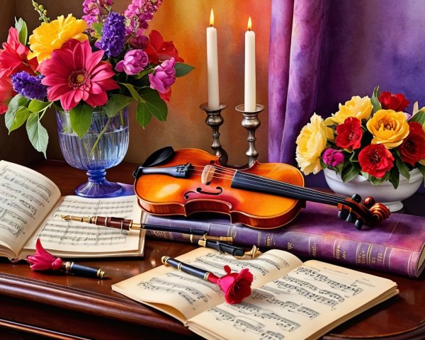 Vibrant Still Life with Violin and Music Sheets