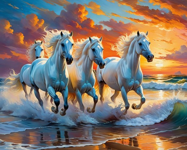 White Horses Galloping Through Ocean Waves at Sunset