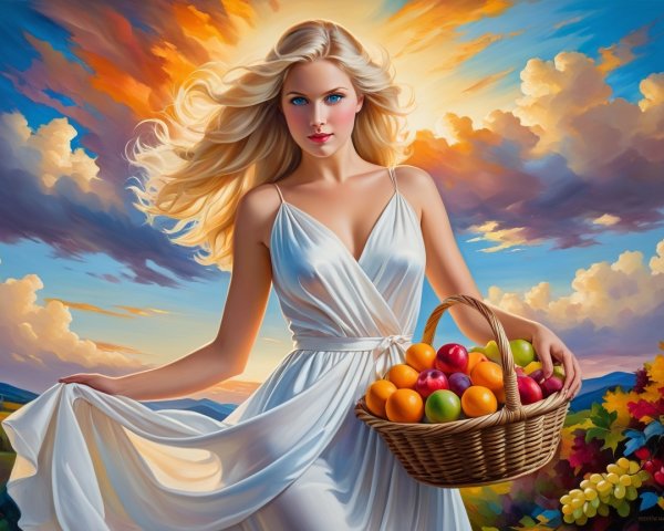 Luminous Woman in White Dress at Sunset with Fruits
