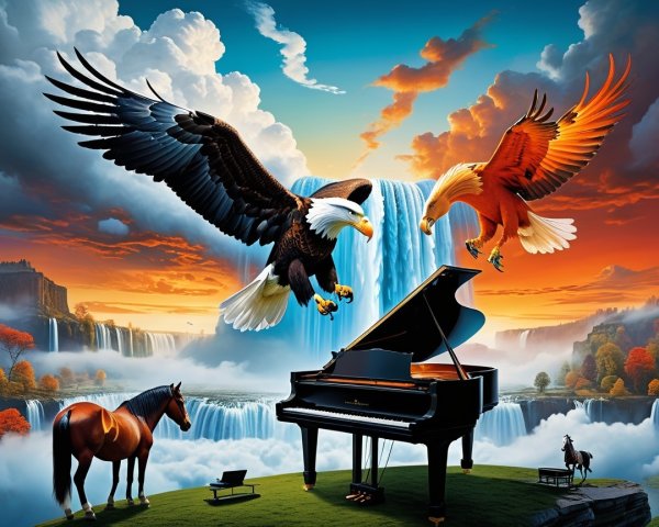 Surreal Landscape with Grand Piano and Waterfalls