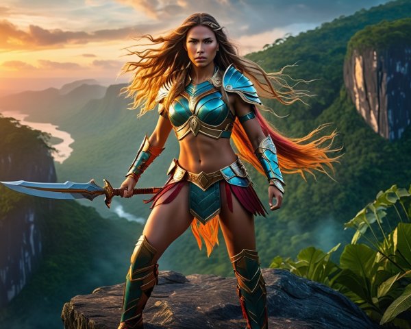 Warrior in Armor on Rocky Outcrop at Sunset