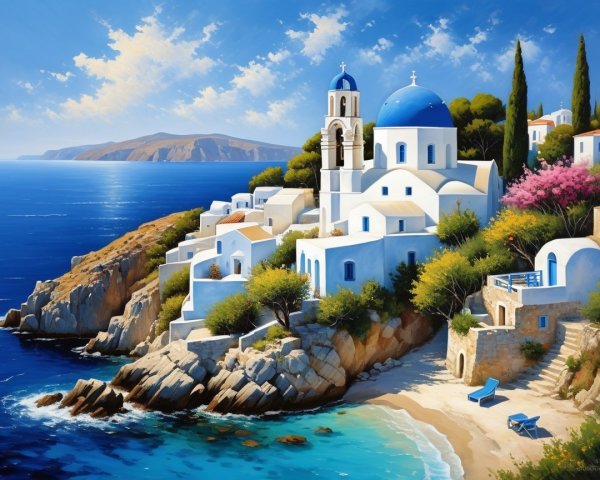 Coastal Scene with White Buildings and Blue Domes