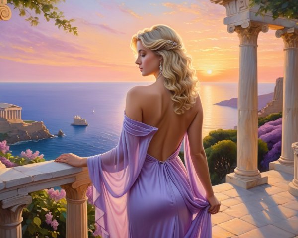 Serene Sunset View with Woman in Lavender Gown