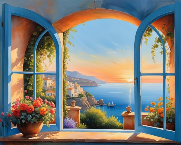 Coastal View Through Open Window with Colorful Flowers