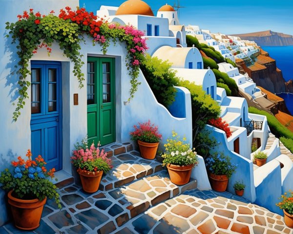Coastal Village with Whitewashed Buildings and Flowers
