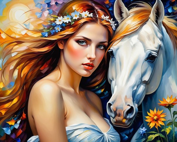 Vibrant Portrait of a Woman and White Horse in Nature