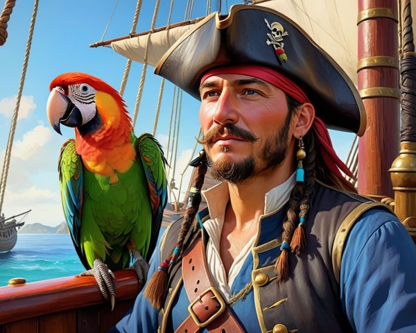 Confident Pirate on Ship Deck with Colorful Parrot