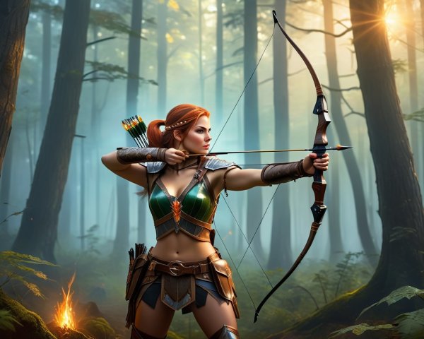 Fierce Female Archer in Lush Forest Setting