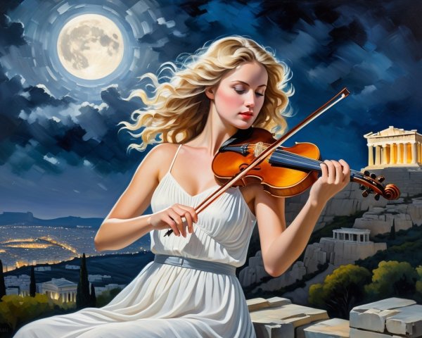 Young Woman Playing Violin Under Full Moonlight