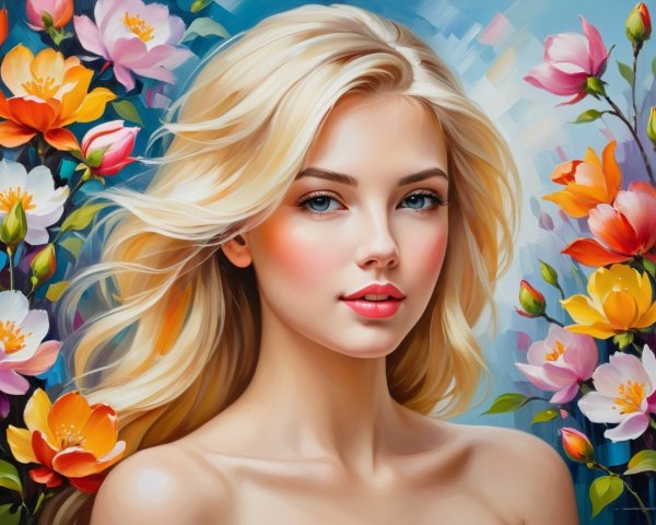Young woman with golden hair and vibrant floral backdrop