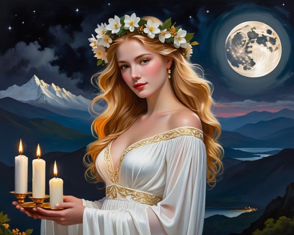 Serene Woman with Candles in Moonlit Landscape