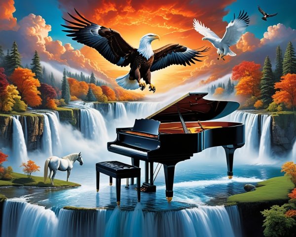 Grand Piano in Vibrant Natural Landscape Scene