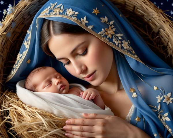 Serene Scene of Woman with Sleeping Baby in Veil
