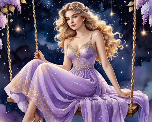 Young Woman on Swing in Starry Night Setting