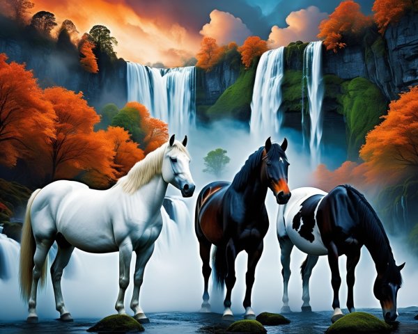 Horses by Waterfall in Autumn Landscape Scene