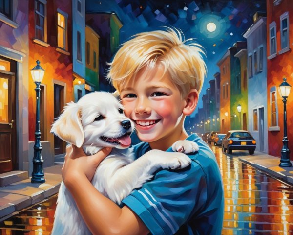 Joyful Boy with Puppy on Colorful Rainy Street