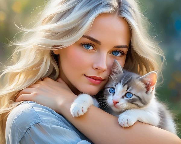 Young woman with blonde hair holding a fluffy kitten