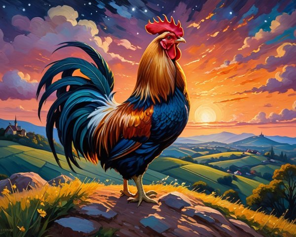 Majestic Rooster on Rocky Ledge at Sunset