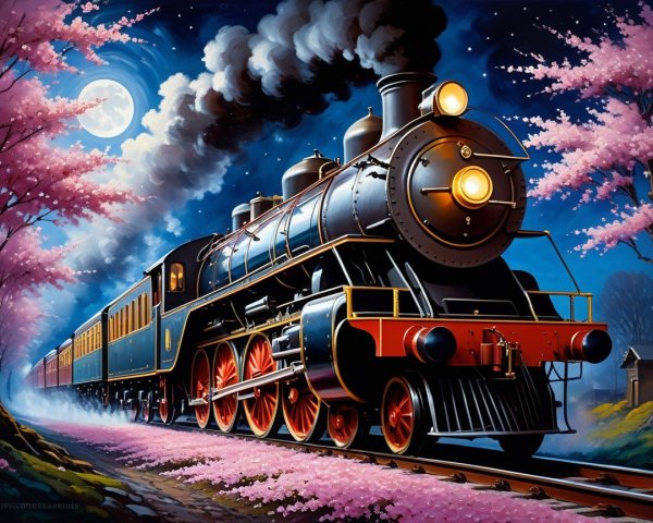 Steam Locomotive Amid Cherry Blossoms at Night