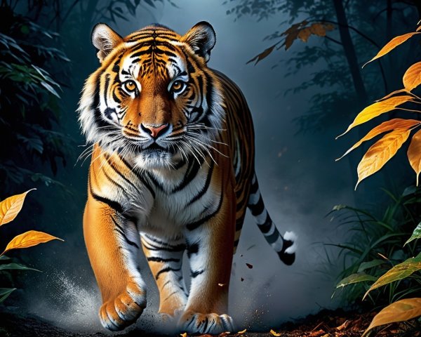 Majestic tiger in a misty forest setting