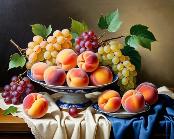 Vibrant Still Life of Ripe Peaches and Grapes