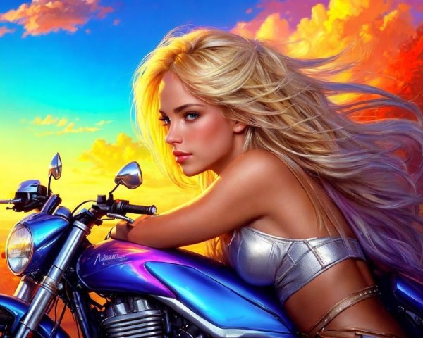 Young Woman with Blonde Hair by Blue Motorcycle at Sunset