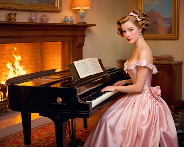 Young Woman in Vintage Gown Playing Piano by Fireplace