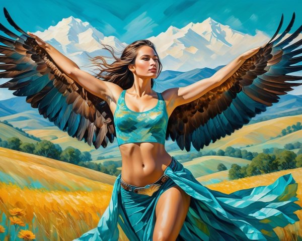 Powerful figure in vibrant fields with majestic wings