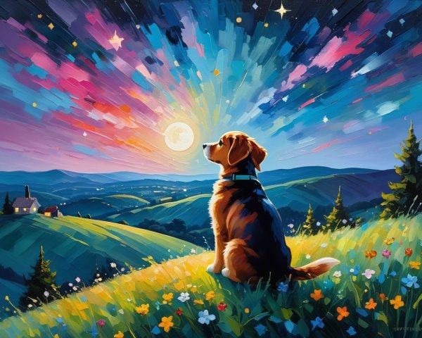 Vibrant Landscape with Beagle Under Starry Sky