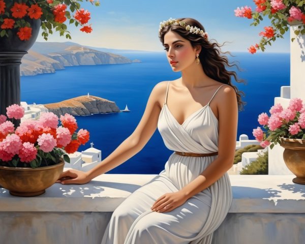 Serene Woman on Balcony Overlooking Coastal Seascape