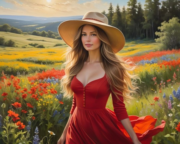 Woman in Red Dress in Vibrant Wildflower Field