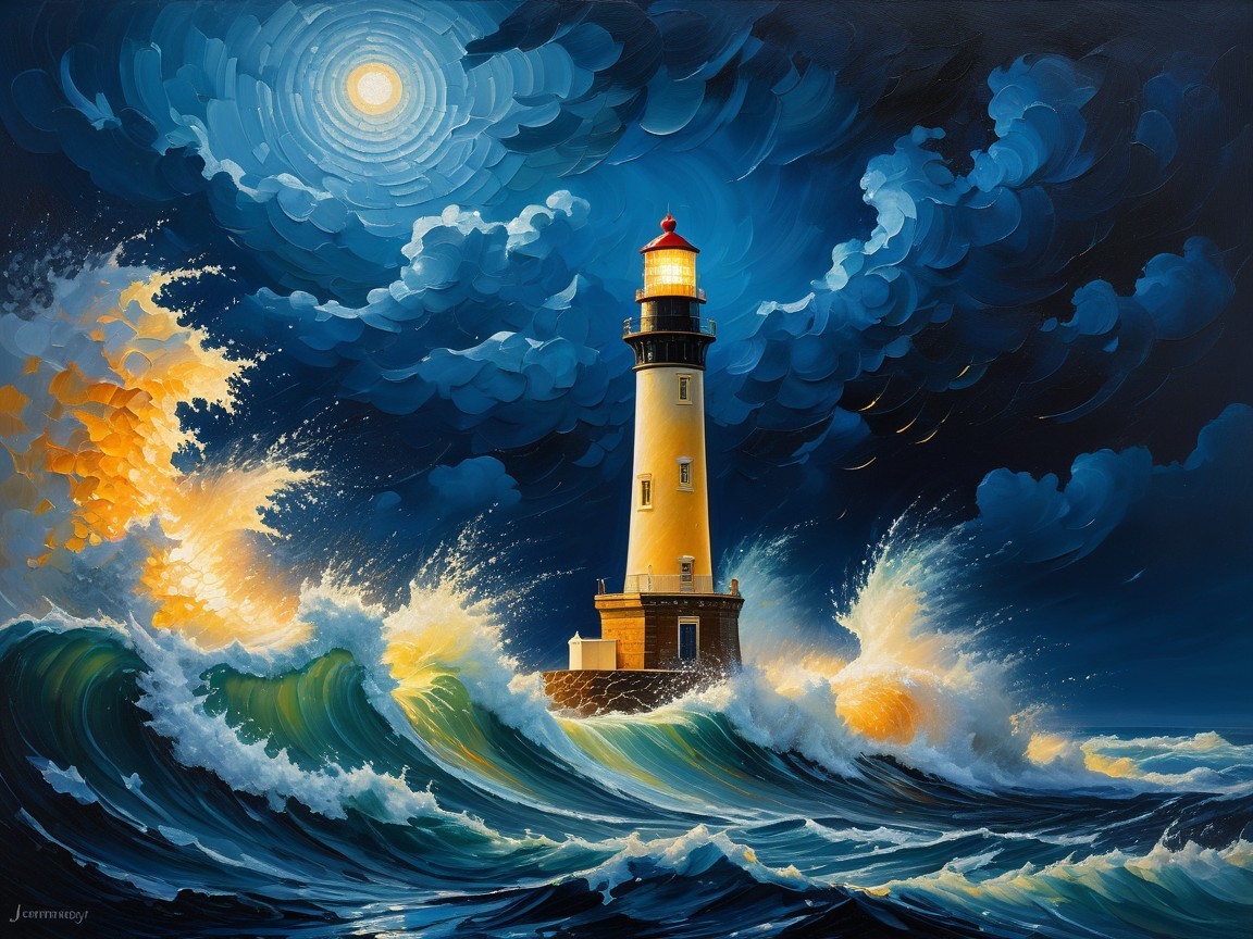 Dramatic Lighthouse Against Tumultuous Sea and Sky